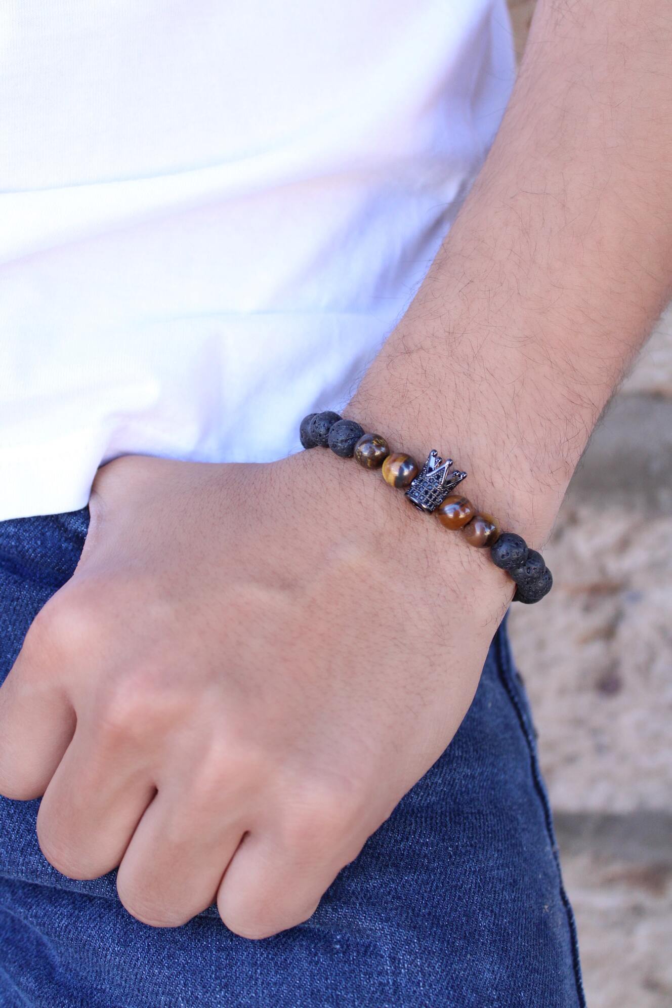 Pulsera Piedra Volcánica Hombre Con Corona
